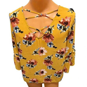 Charming Charlie Women’s Yellow Floral Criss Cross V-Neck Bell Sleeves Sz Large.